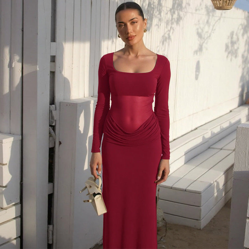 Hot Mesh Stitching Stretch Slim-fit Long-sleeved Dress