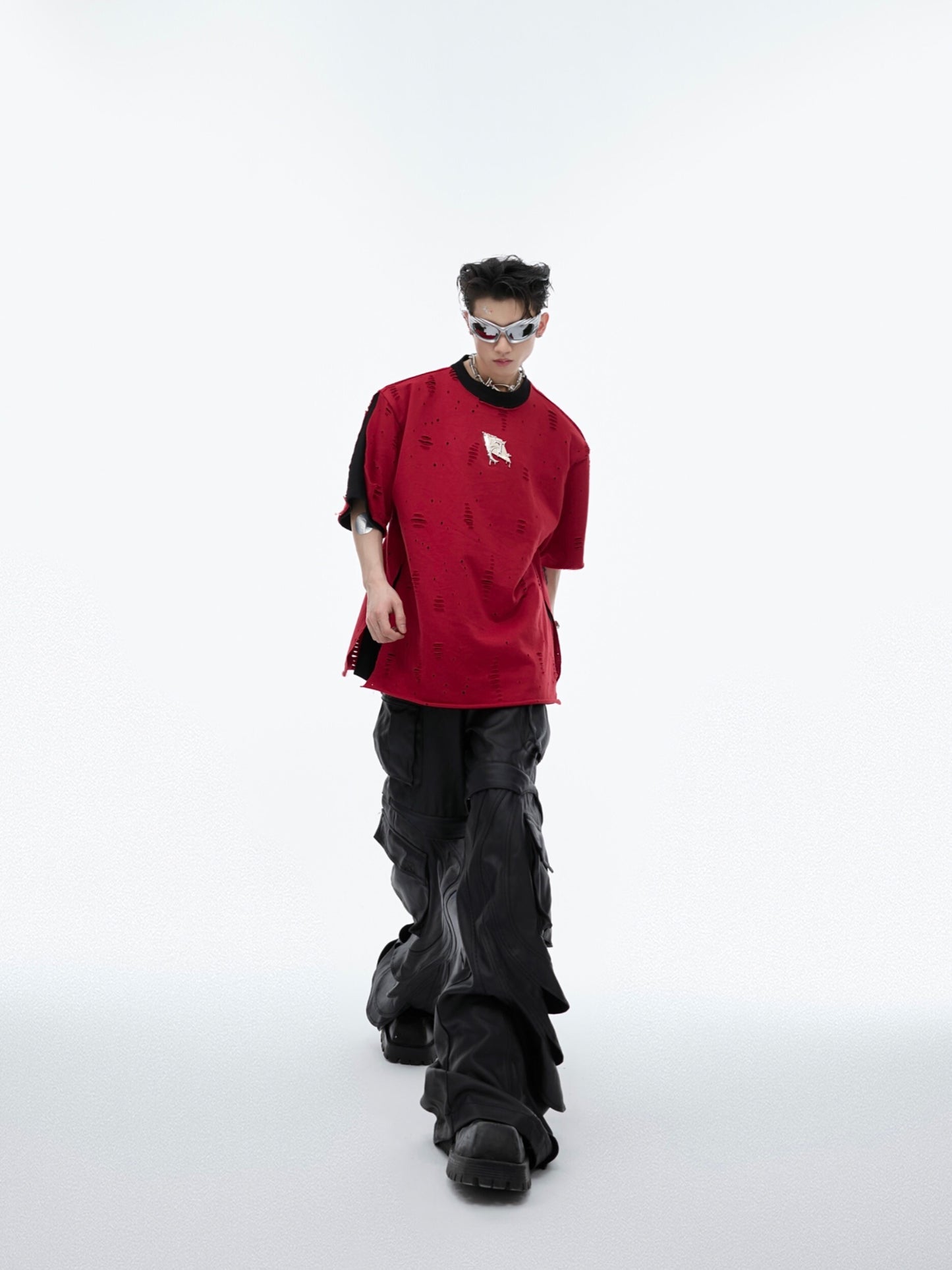 Metal Embellished Distressed Loose Short Sleeve