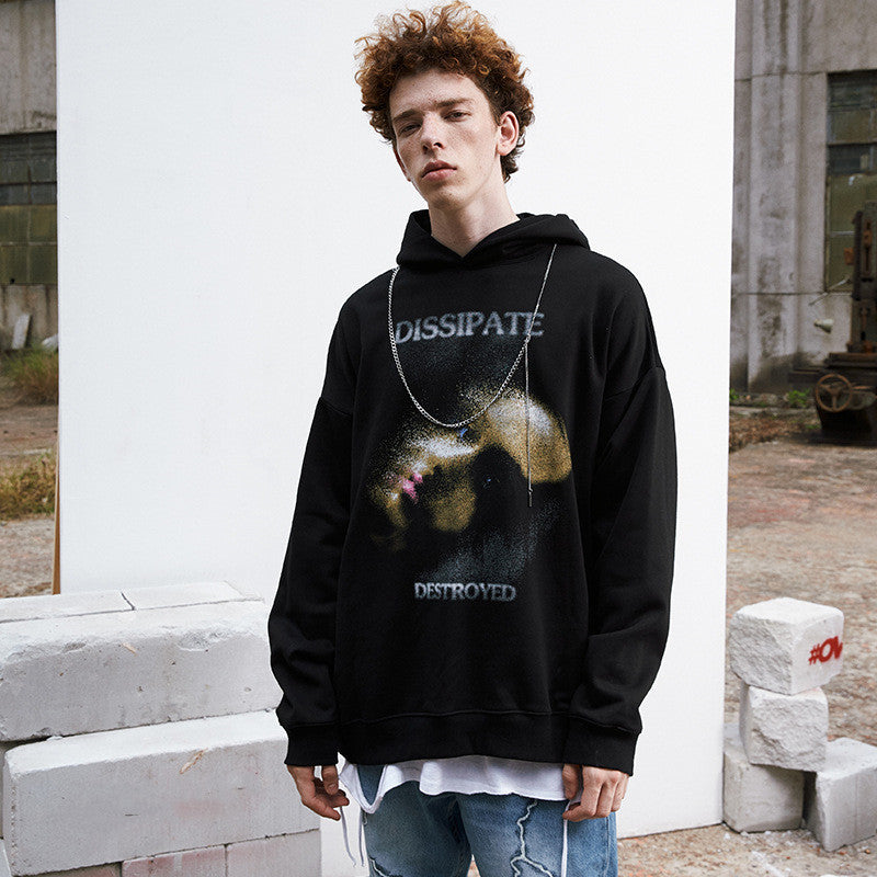 Retro dark loose hooded plus fleece sweater