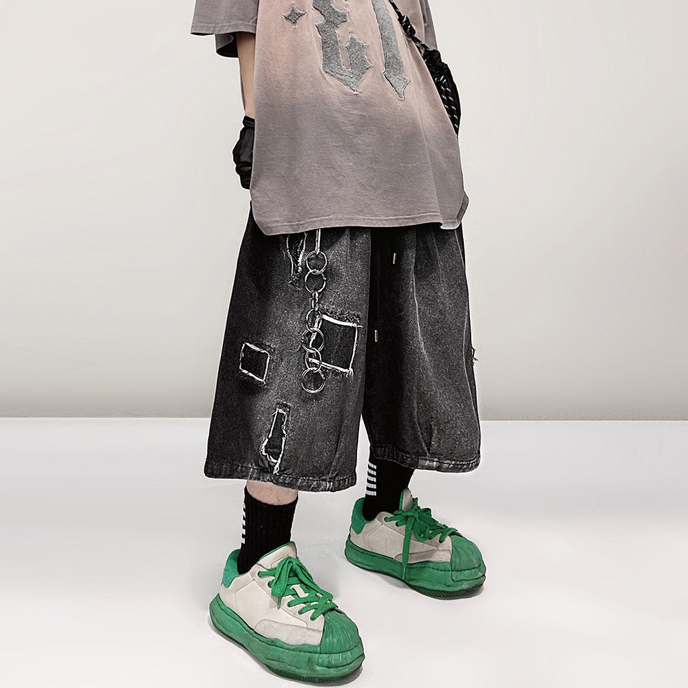 Pantaloncini corti vintage estivi in denim a gamba larga con toppe vintage