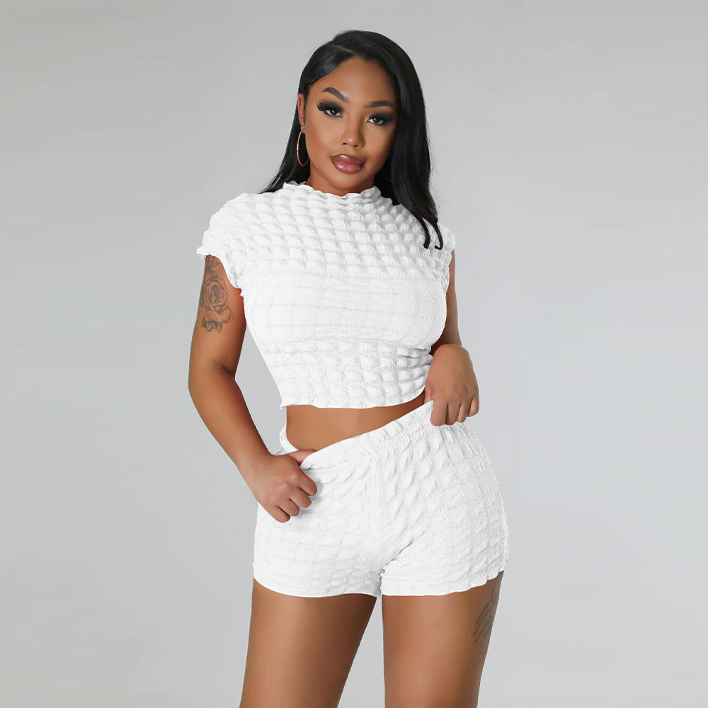 Clothing Hot Sleeveless Midriff-baring Shorts Popcorn Bubble Two-piece Set