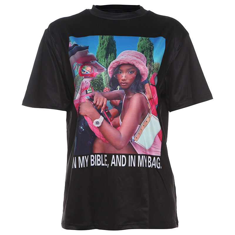 Ins Fashion Personalized Black Head Printed Top Loose Short Sleeve