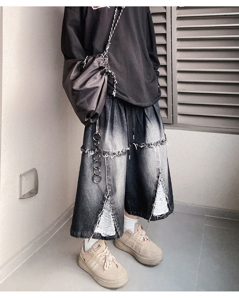 Pantaloncini in denim retrò a gamba larga hip hop