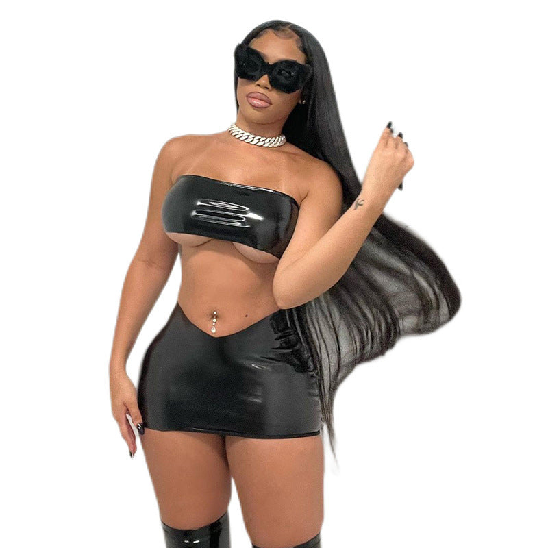 Gilet senza maniche con scollo a V e ombelico in pelle PU per donna