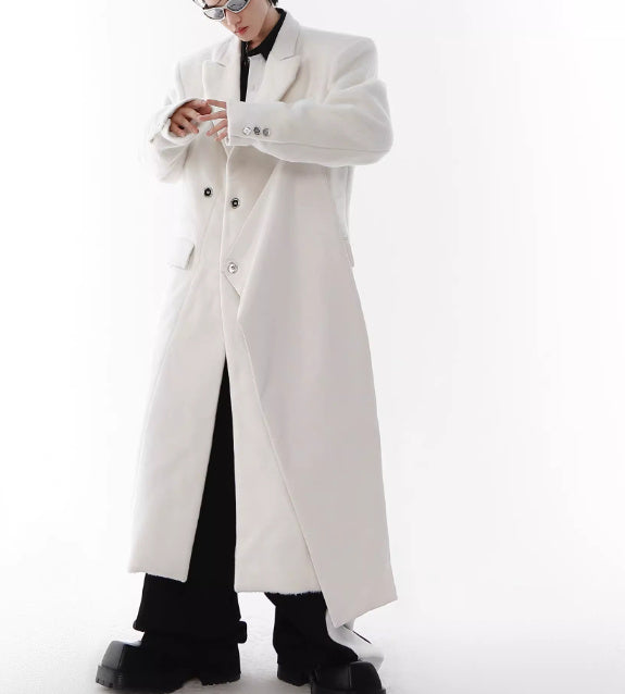 Manteau en laine à épaules rembourrées et coutures en cuir synthétique, long trench-coat blanc au-dessus du genou
