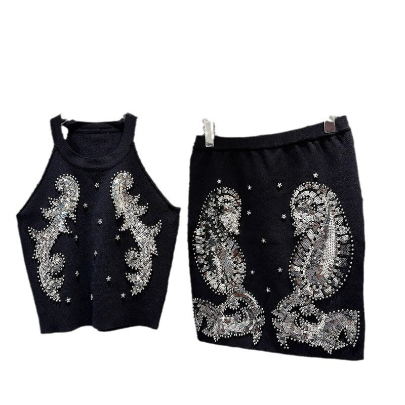 Niche Gaoding Silver Paillette Embroidered Knitted Vest Hip Skirt Suit