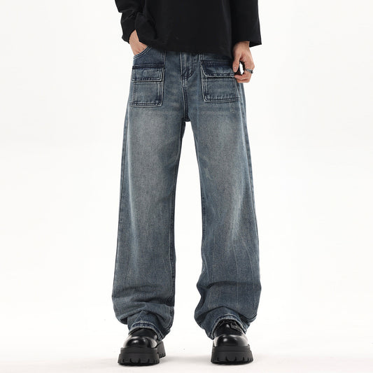 Men's High Street Loose Casual Washed And Worn Straight-leg Denim Pants