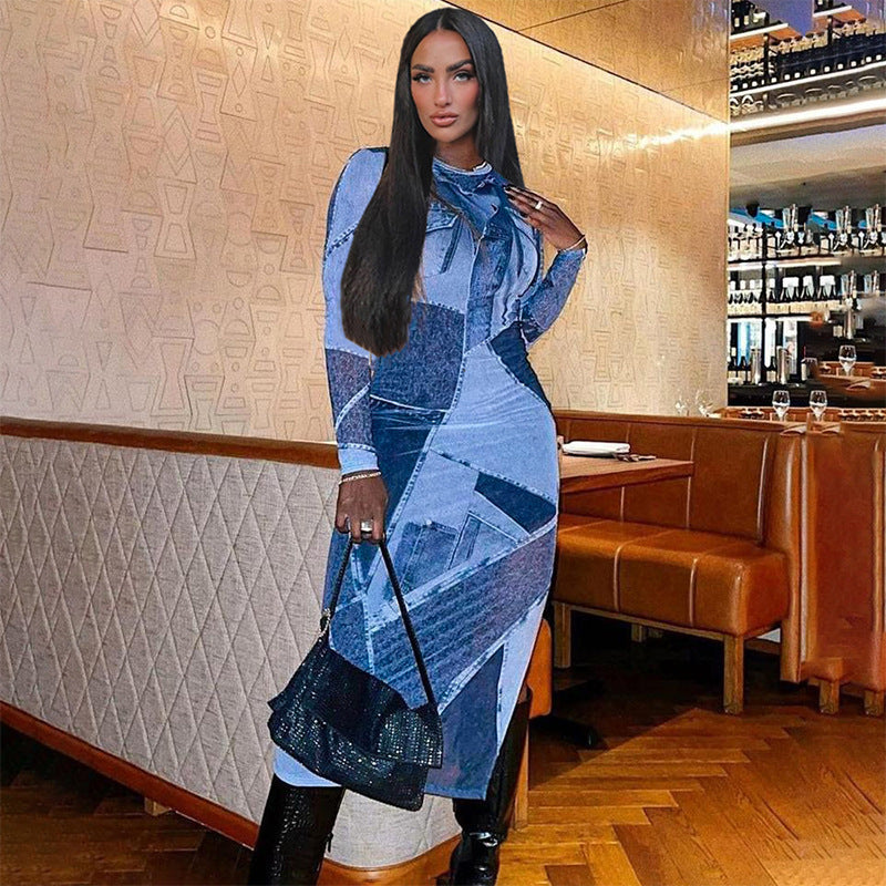 Fashion Casual Denim Printing Round Neck Long Sleeve Slim Dress