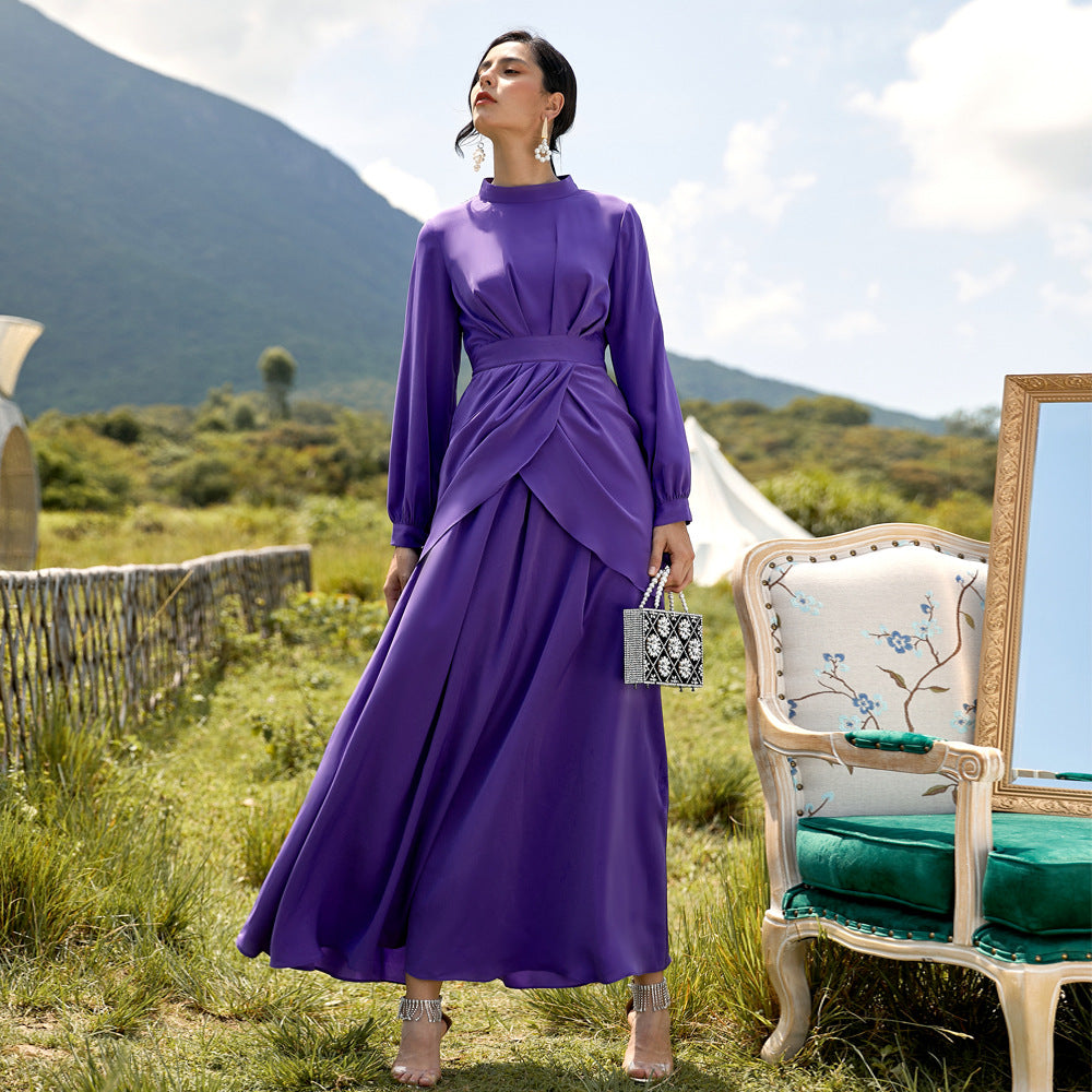Women's Dress with Standing Collar and Long Sleeves