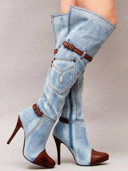 Denim Plus Size Boots Stitching High Heel Knee-high Boots