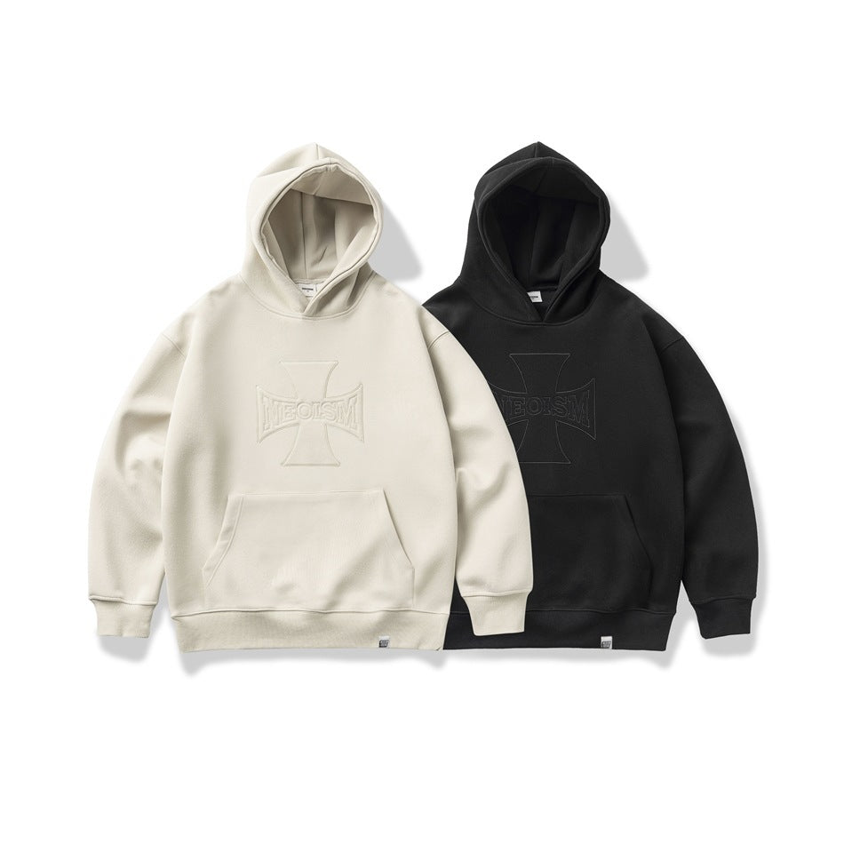 Maglione largo con cappuccio e ricamo a croce