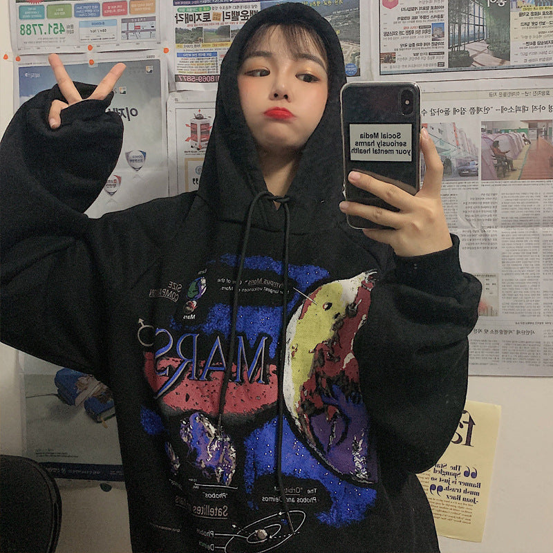 Harajuku Style Loose Print Hooded Thick Coat
