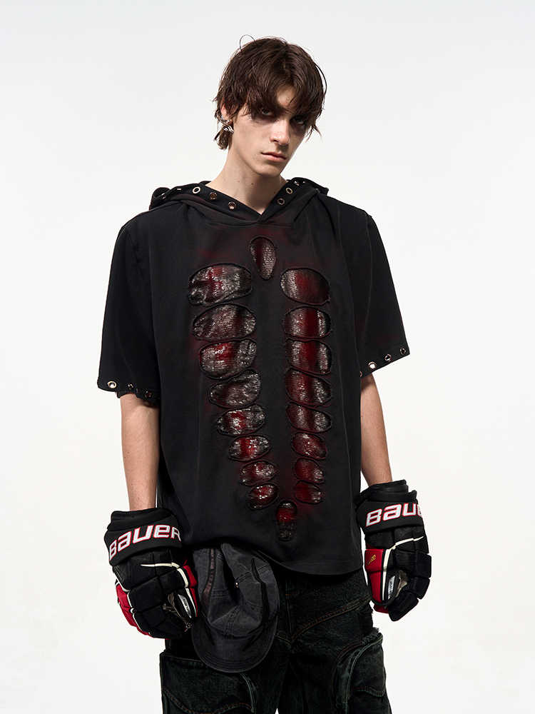 Hooded Short-sleeved Men's Cut Sequins Loose-fitting T-shirt