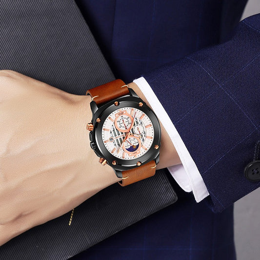 Montre tendance pour homme avec bracelet en cuir, mouvement à quartz à trois cadrans et six aiguilles.