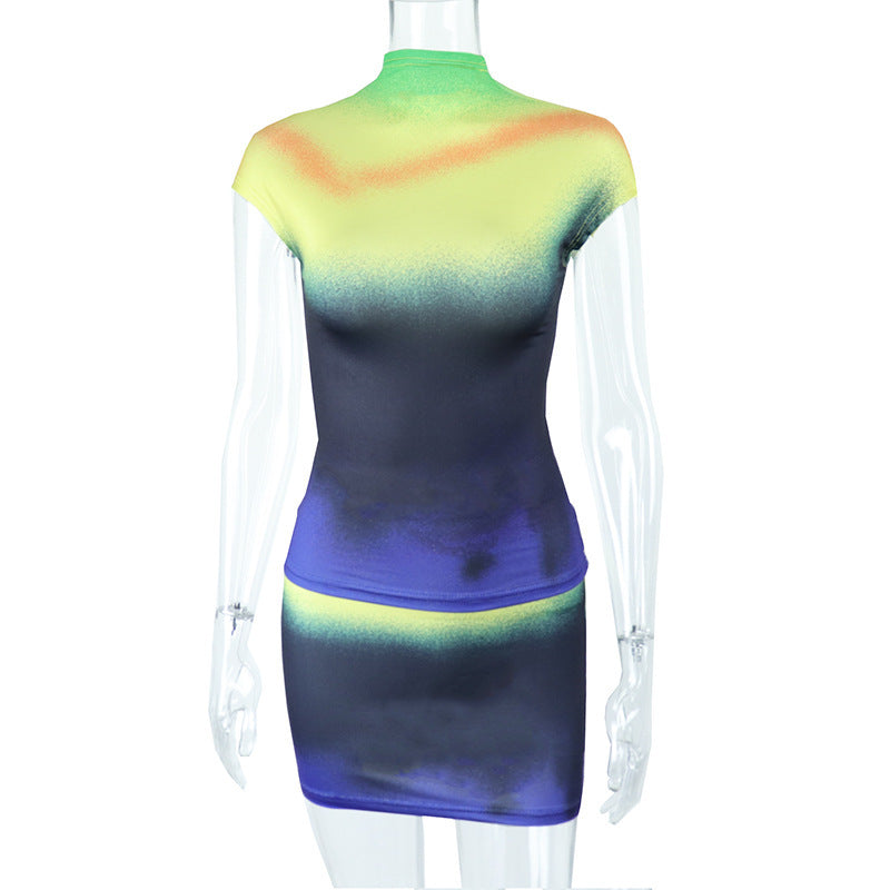 Temperament Commuter Slim Print Contrast Color Round Neck Short Sleeve Hip Skirt