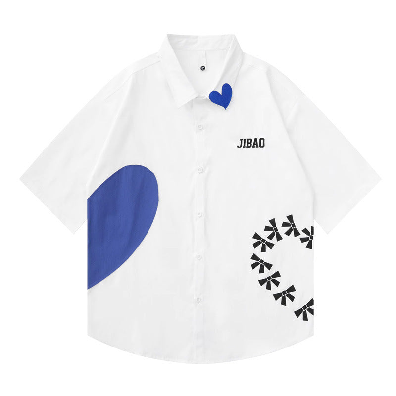 Stitching Contrast Color Drop Shoulder Half Sleeve Couple Shirt