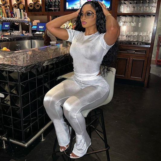 Cross-border Fall Women's Clothing New Slim Fit Figure Flattering Short Sleeve Top High Waist Casual Trousers Suit