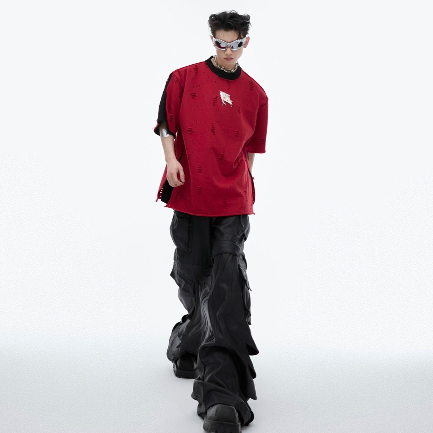 Metal Embellished Distressed Loose Short Sleeve