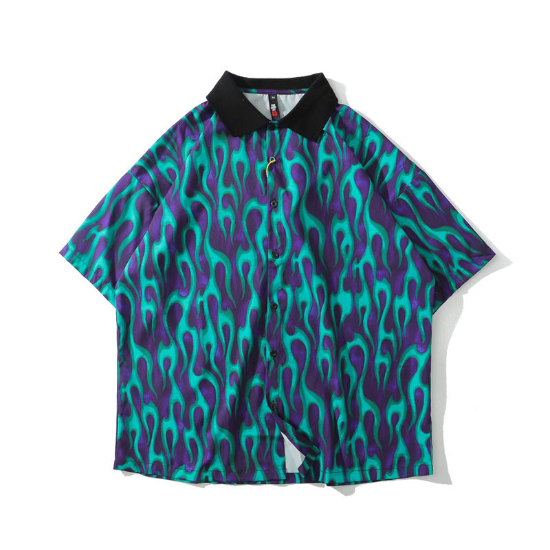Flame Full Print Lapel Short Sleeve Shirt