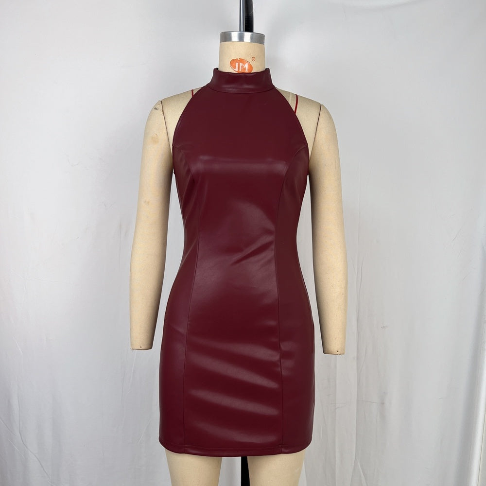 Stand Collar PU Leather Slim Sleeveless Mini Dress