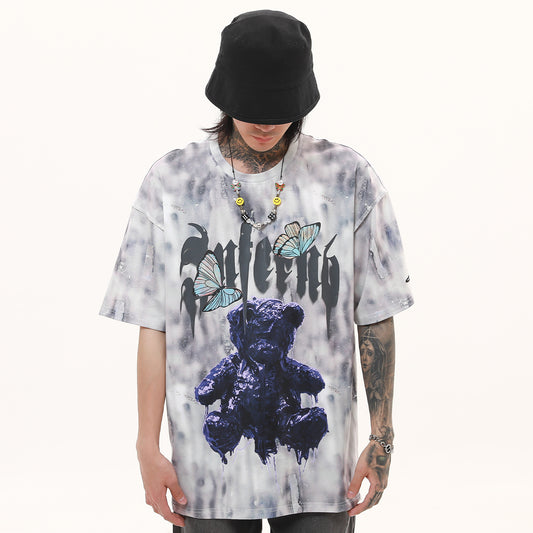Tie dyed bear print short sleeve T-shirt