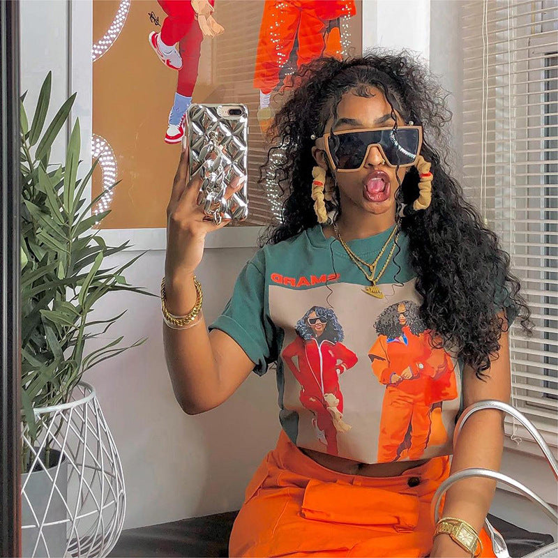 Ins Fashion Personalized Black Head Printed Top Loose Short Sleeve