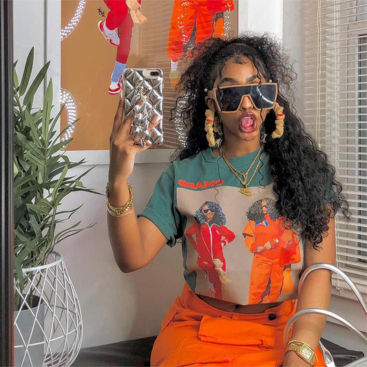 Ins Fashion Personalized Black Head Printed Top Loose Short Sleeve