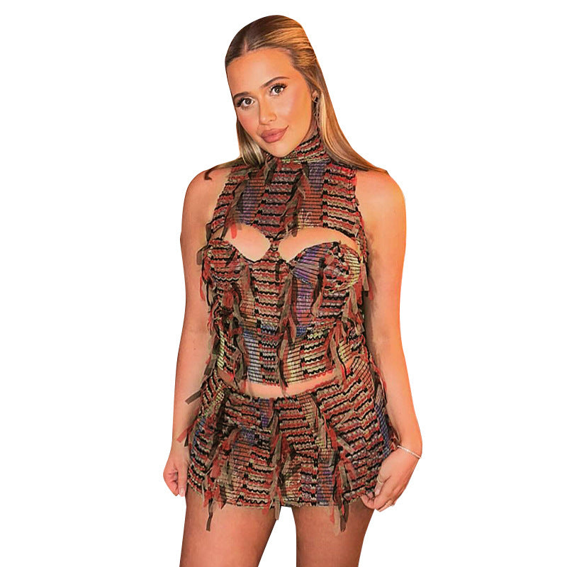 Color-block Crew Neck Sleeveless Backless Hollow Out Suit