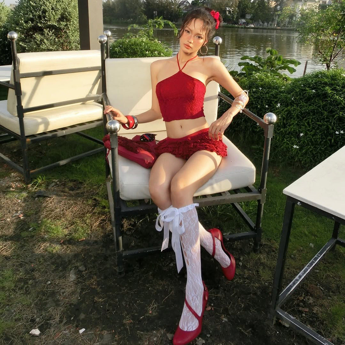 Womens Solid-Color Halterneck Backless Tank Top And Skirt Set