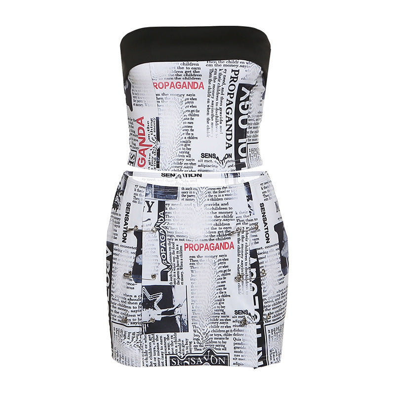 One Word Neck Tube Top Printed Vest Bag Hip Slim Skirt Suit