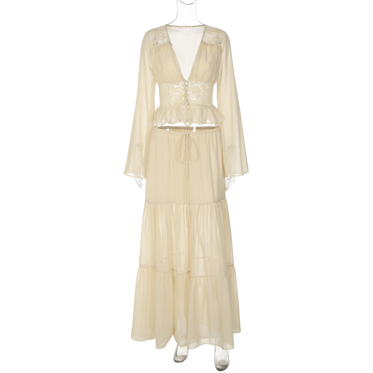 Womens Lace Chiffon Cardigan Top And Loose Long Skirt Set