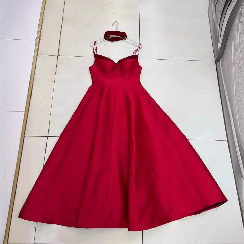 Velvet Splicing Sling Waist Slim Fit Dress Women