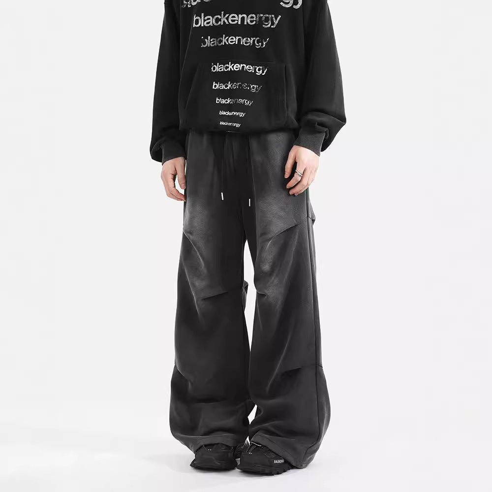 Pantalon de survêtement délavé américain pour hommes, design plissé, pantalon droit ample