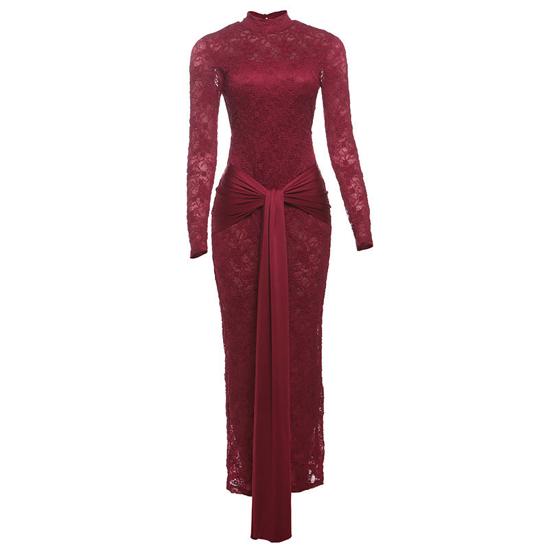 Lace Stitching Round-neck Long-sleeved Dress