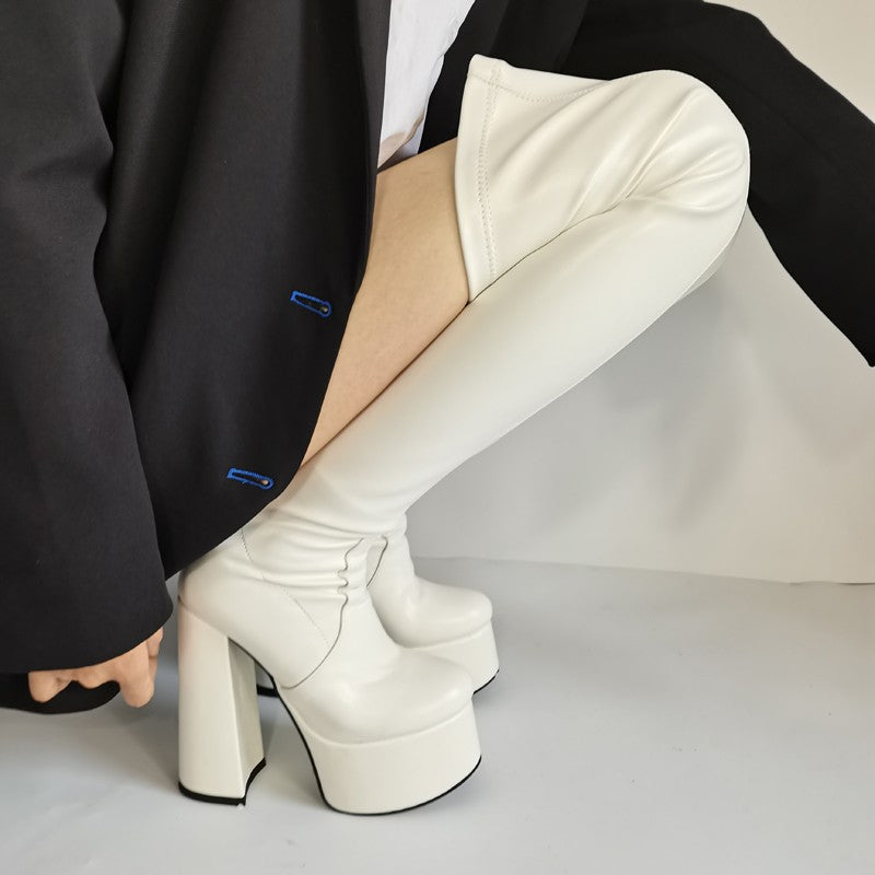 Bottes blanches à talons hauts montantes jusqu'au-dessus du genou, pointure 45 pour femmes grandes tailles