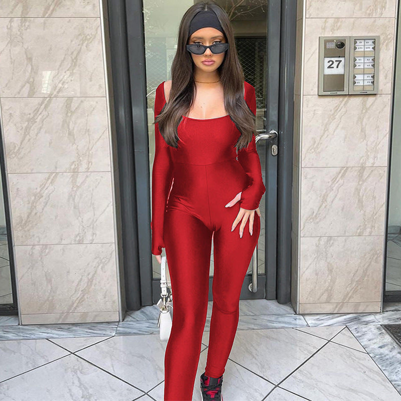 Big U-neck Long-sleeved Slim-fit Sheath Jumpsuit