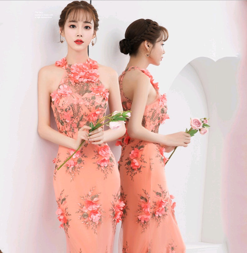 Evening dress long section new summer hanging neck slim fishtail elegant temperament party host dress female