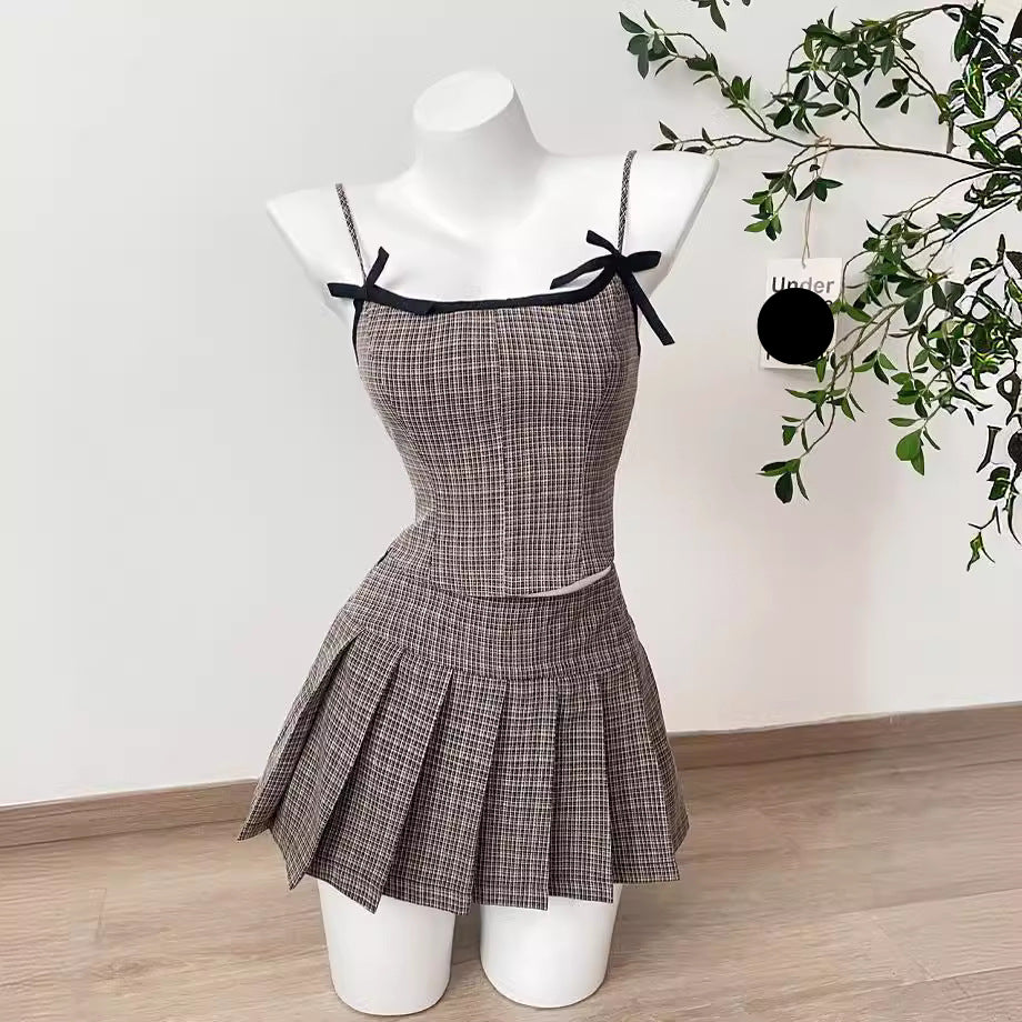 Bow Plaid Contrast Color Slim Fit Slip Dress Suit