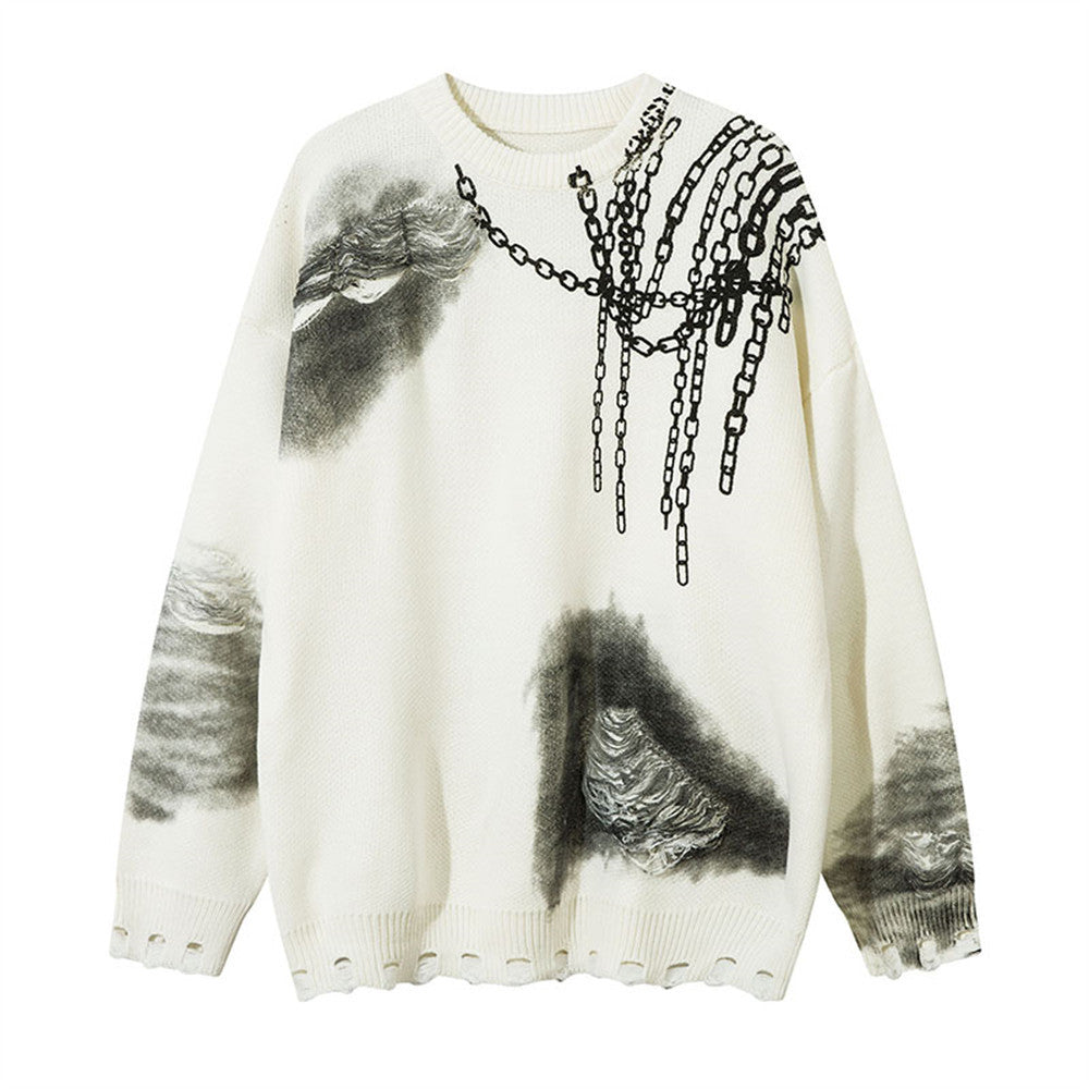 Inkjet Distressed Dirty Chain Round Neck Sweater