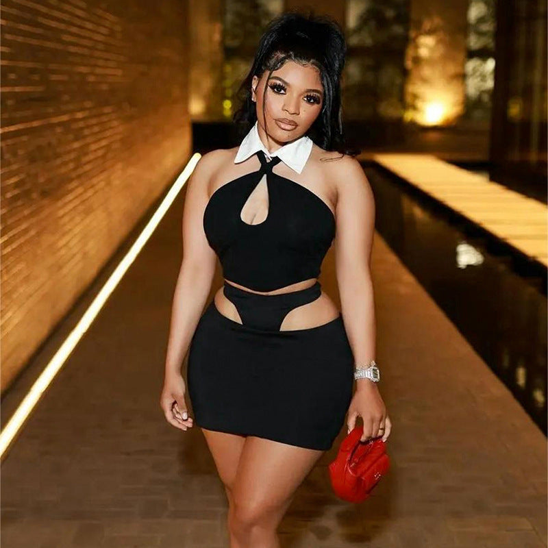 Ensemble gilet court torsadé à revers et culotte avec jupe