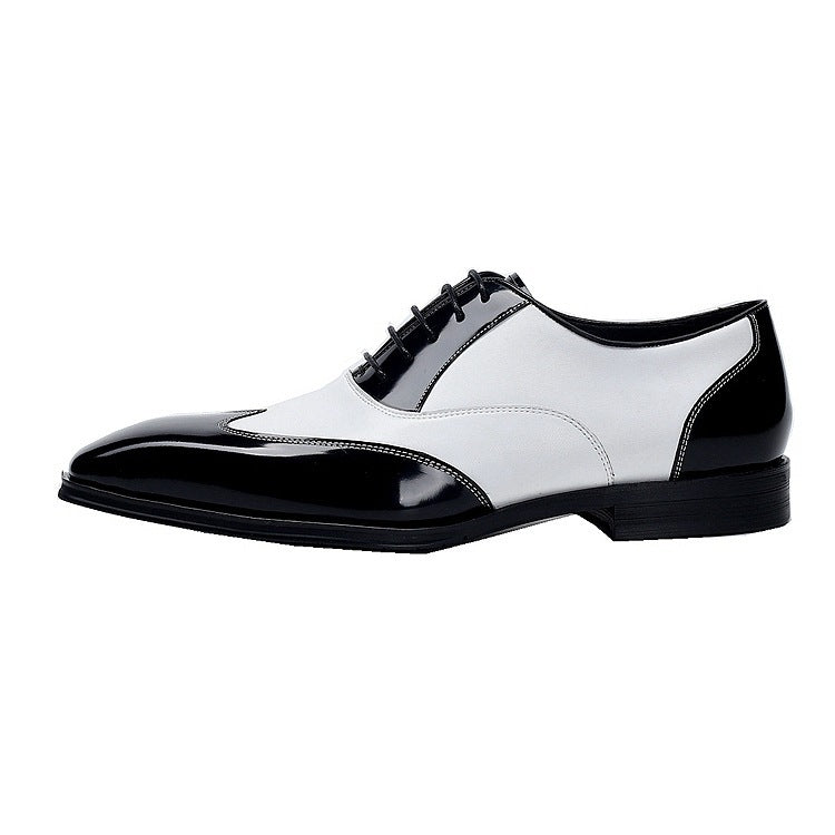 Chaussures de costume pointues en cuir de vachette noir et blanc rétro pour homme