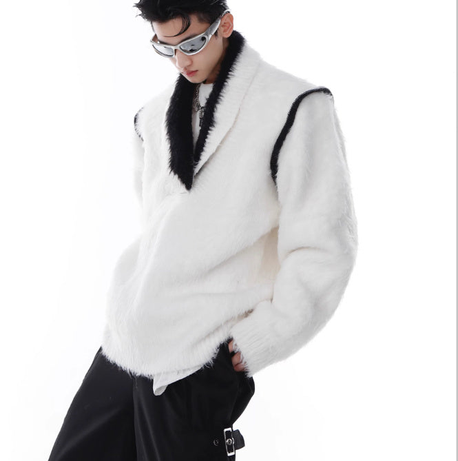 V-neck Anti-mink Plush Sweater Loose Thick Sweater Contrast Color Design Knitted Top