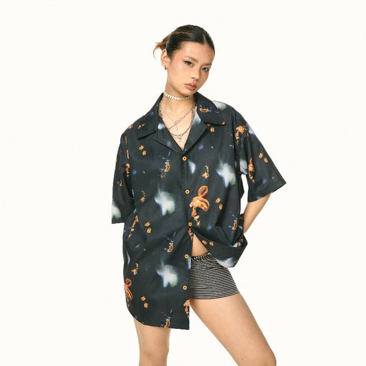 Vintage Print Short Sleeves Shirt Loose Casual