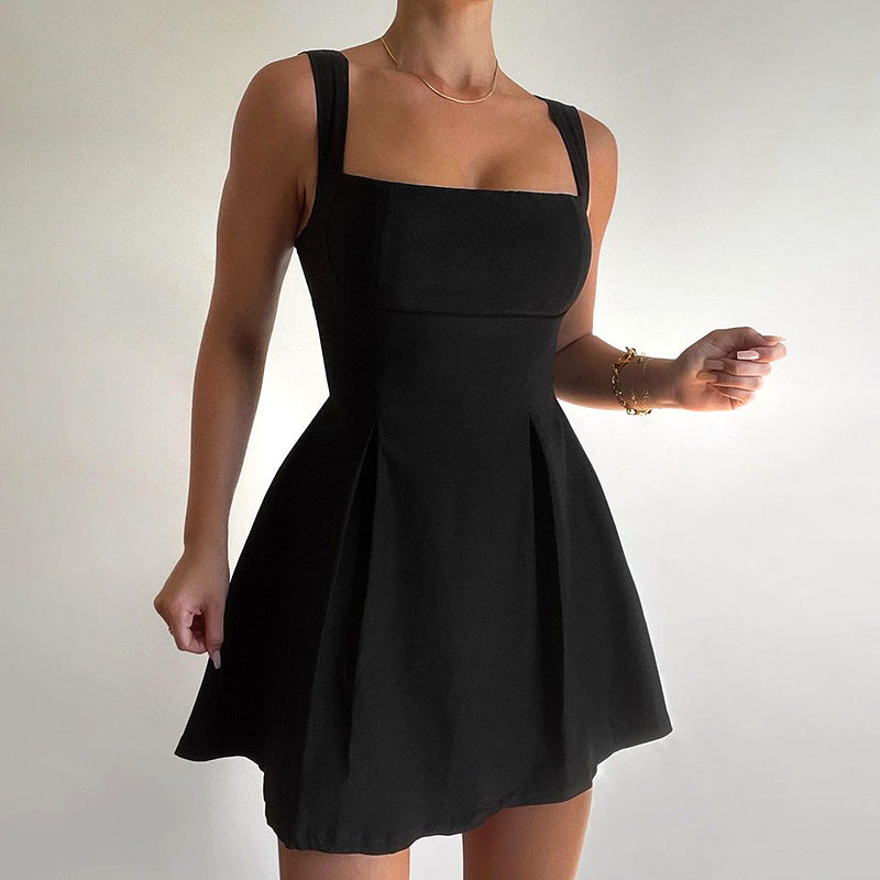 Nouvelle robe taille haute plissée à bretelles de couleur unie