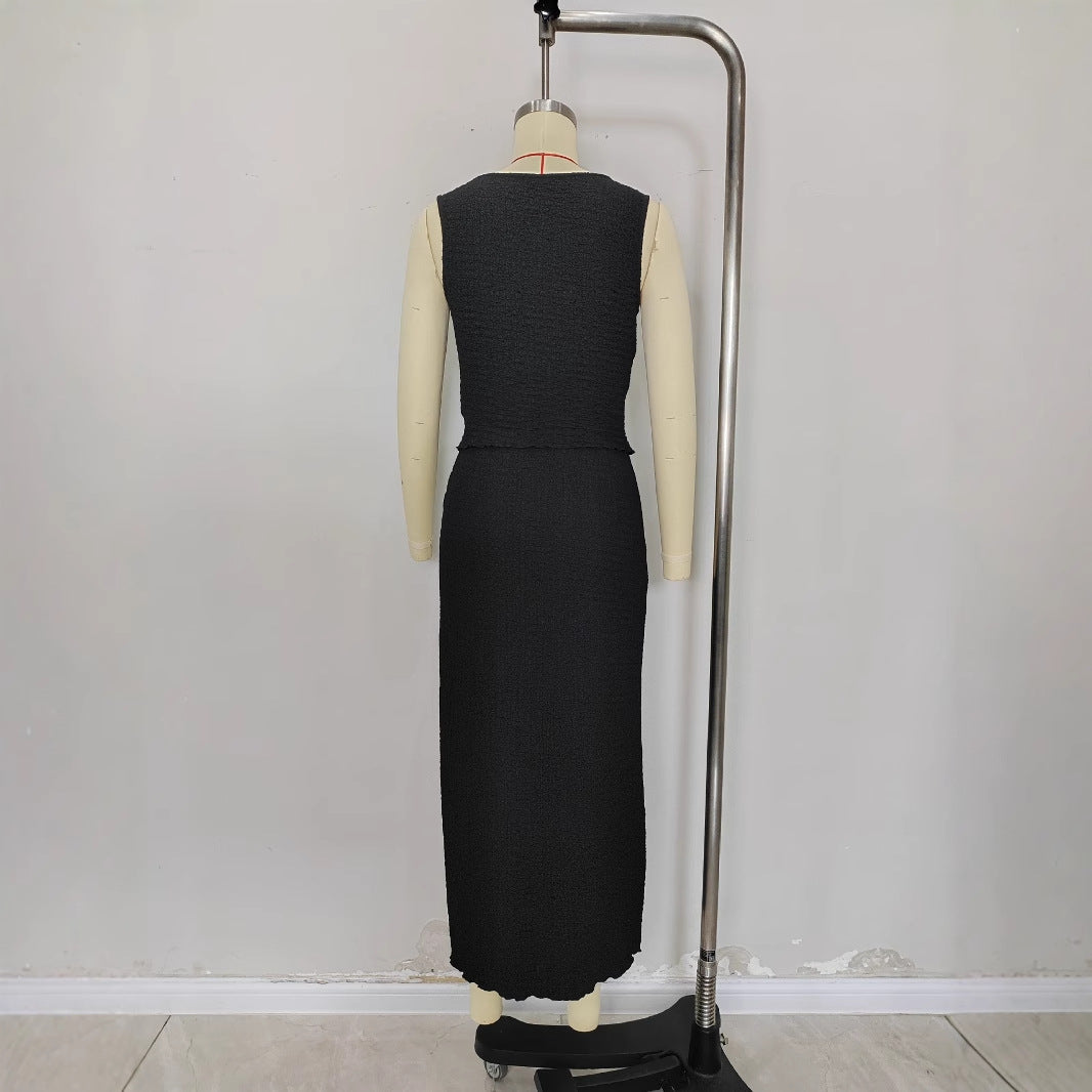 Fashion Sleeveless Top Knitted Long Skirt Ladies Suit