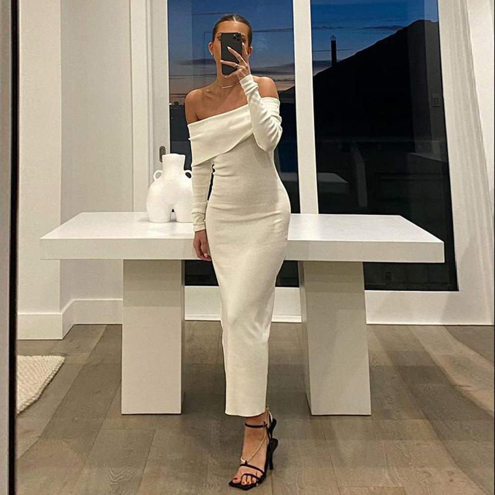New High-waist One-shoulder  Long-sleeved Dress