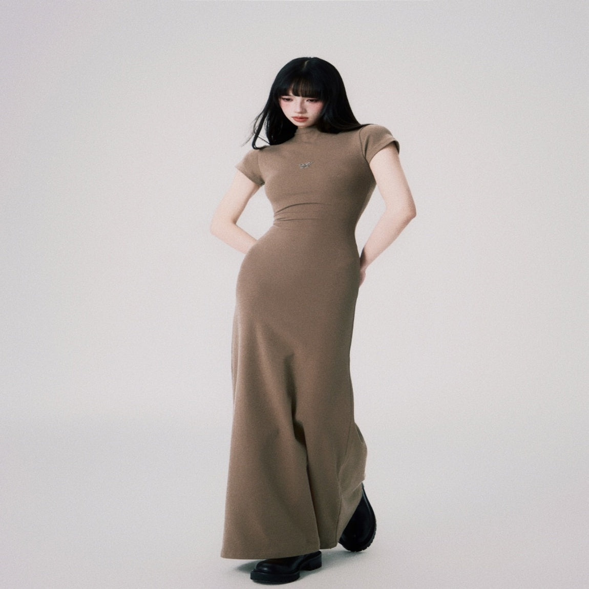 Mid-collar Short Sleeve Dress Women's Slim Knit Dress