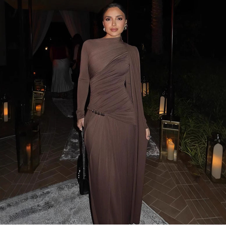 Robe unie à manches longues plissées, coupe ajustée et coupe slim