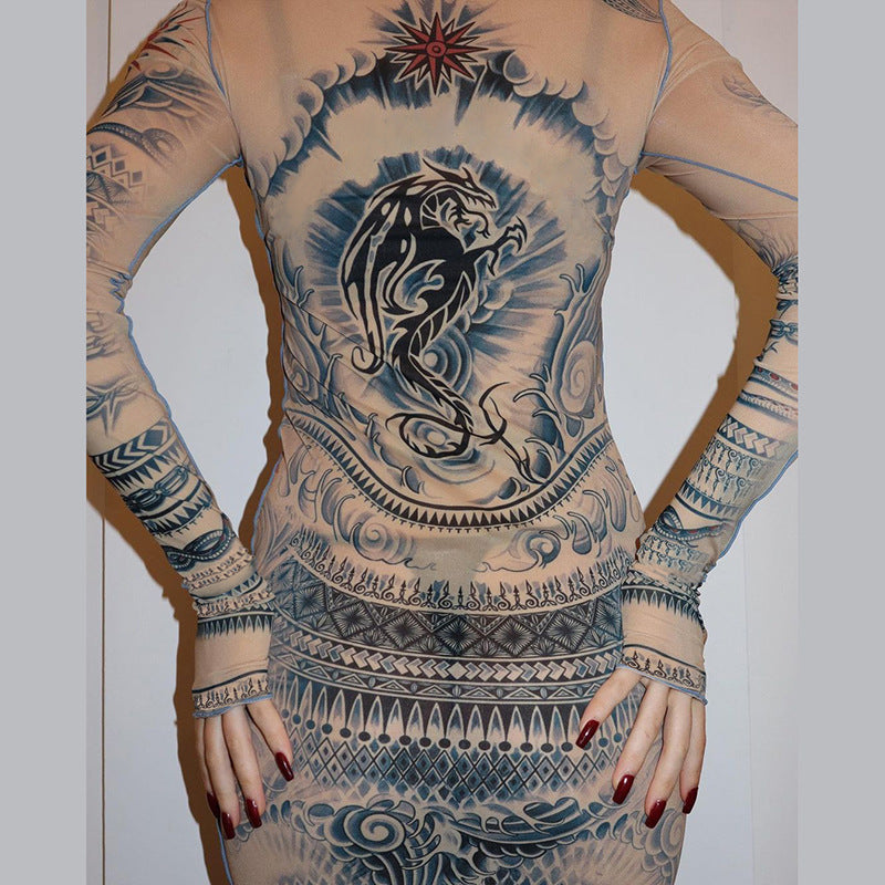 Fashion High Collar Digital Printed Mesh Dress