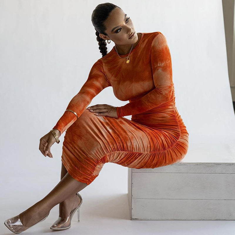 Robe imprimée à col rond, jupe amincissante et amincissante aux hanches